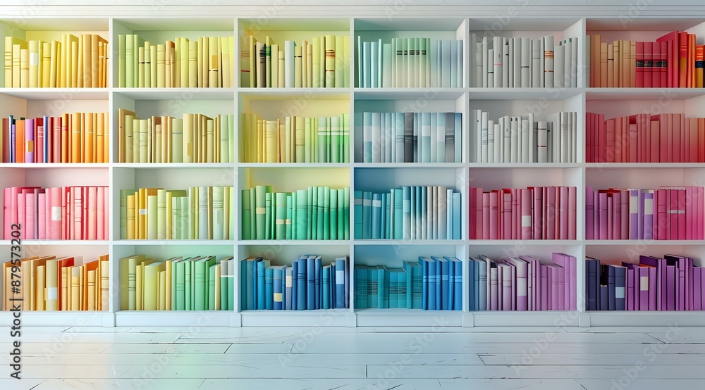 A neatly organized bookshelf with books arranged by color, suitable for themes of organization, interior design, and literature, highlighting a colorful and aesthetically pleasing arrangement. A neatly organized bookshelf with books arranged by color, suitable for themes of organization, interior design, and literature, highlighting a colorful and aesthetically pleasing arrangement.
