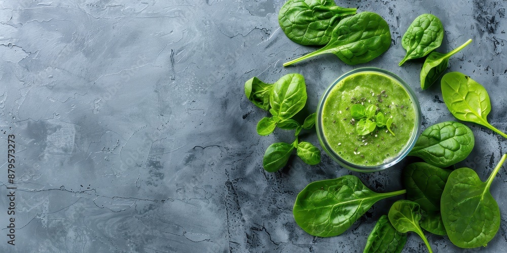 Obraz premium Nutritious Green Smoothie with Spinach and Fruits on Simple Background, Copy Space Available