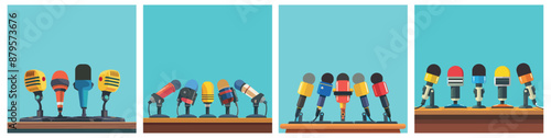 Press conference table with microphones backgrounds set. Media conference. News report presentation. Empty chaires. Front view. Flat cartoon style. Vector illustration