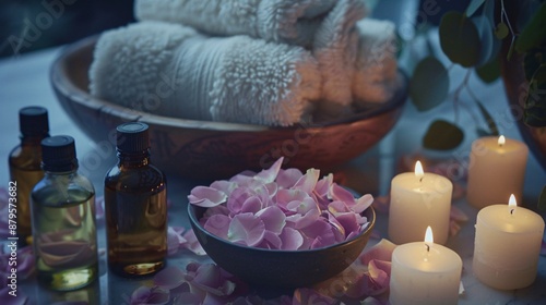 Spa Day Essentials, An arrangement of spa essentials including aromatherapy candles, essential oils, a fluffy towel, and a bowl of flower petals, creating a serene and relaxing atmosphere,