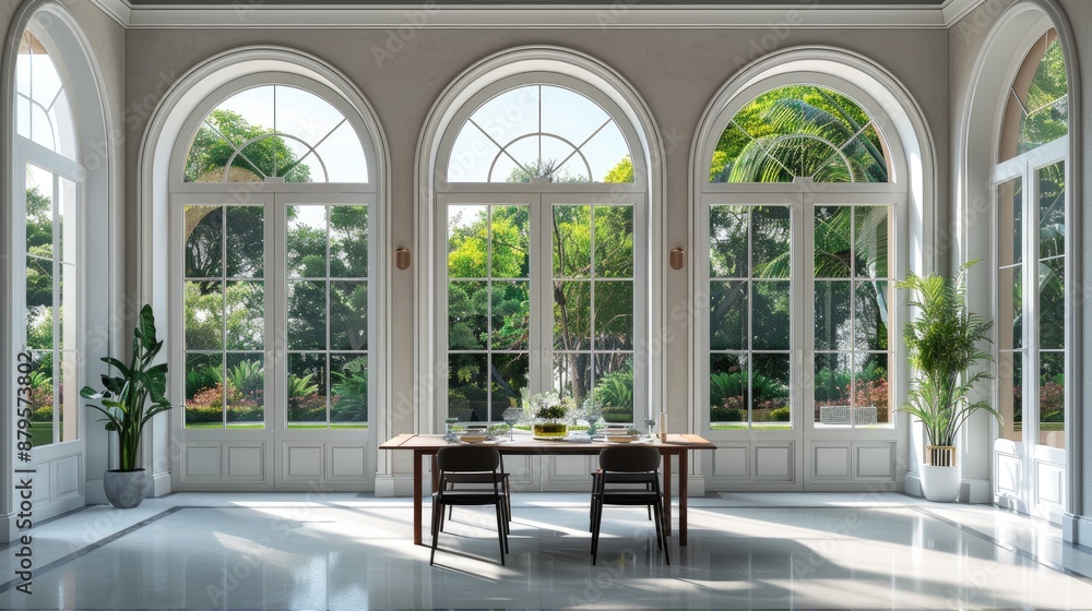 Fototapeta premium A sophisticated dining room with a table set under a series of elegant, arched windows