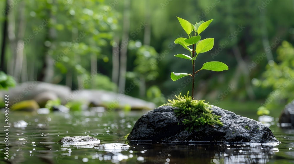 A small plant grows out of a mossy rock in a forest stream, peaceful zen buddhism influenced atmosphere A small plant grows out of a mossy rock in a forest stream, peaceful zen buddhism influenced atmosphere