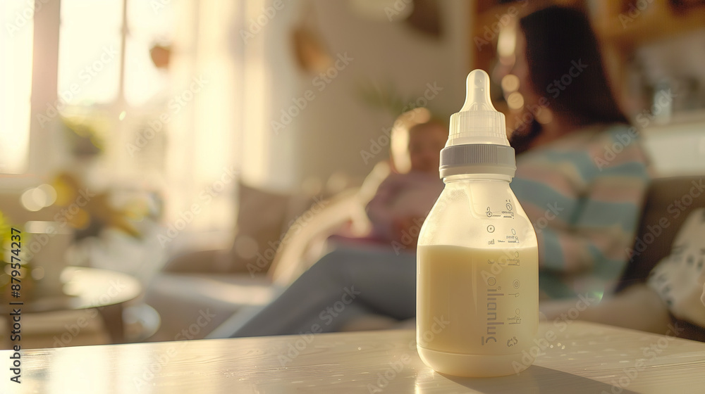 A baby feeding bottle filled with milk sits on a table in a bright room. In the background, out of focus, a mother lovingly cradles her newborn in her arms while sitting on a sofa