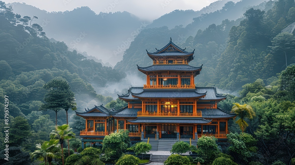 Serene scene of a traditional buddhist temple nestled in a mountain landscape, showcasing the tranquility and beauty of ancient architecture amidst nature's embrace Serene scene of a traditional buddhist temple nestled in a mountain landscape, showcasing the tranquility and beauty of ancient architecture amidst nature's embrace