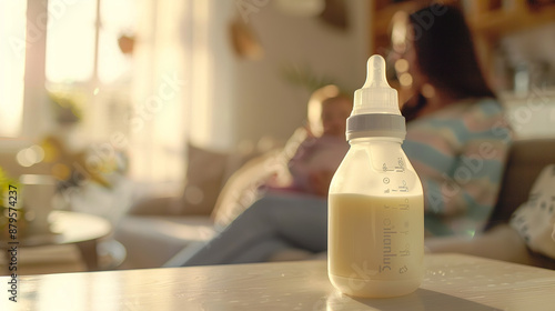 Obraz na płótnie A baby feeding bottle filled with milk sits on a table in a bright room. In the background, out of focus, a mother lovingly cradles her newborn in her arms while sitting on a sofa w salonie