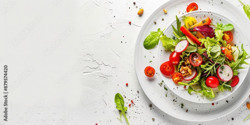 Fresh and Vibrant Salad Presentation on White Plate with Copy Space for Poster Design Fresh and Vibrant Salad Presentation on White Plate with Copy Space for Poster Design