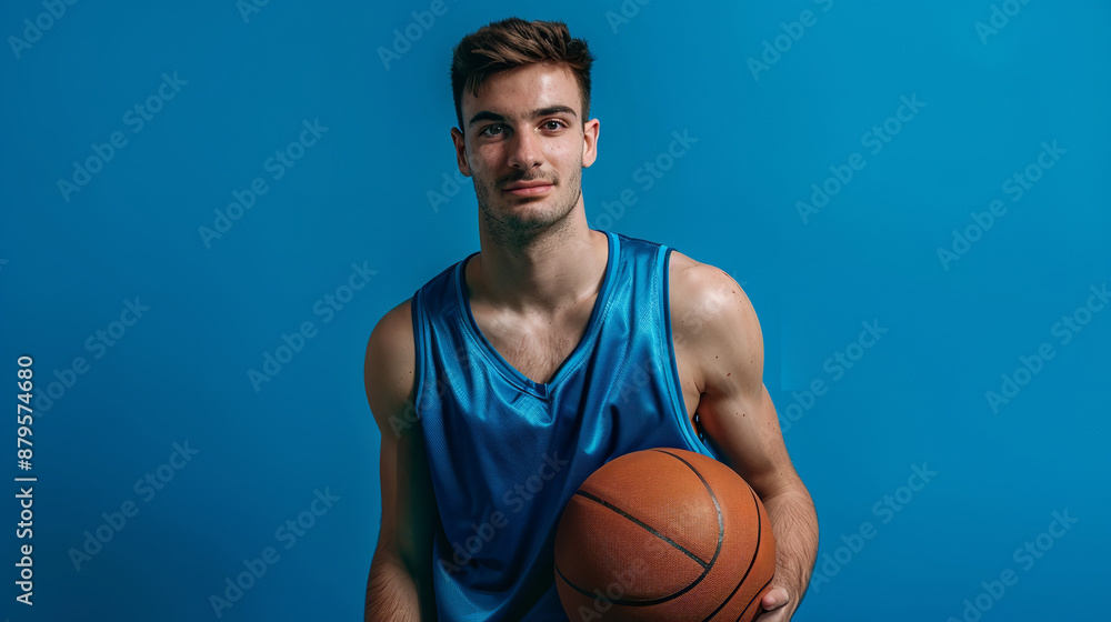 A confident Caucasian man in a blue sports jersey poses with a basketball, exuding assurance and focus against a blue studio background A confident Caucasian man in a blue sports jersey poses with a basketball, exuding assurance and focus against a blue studio background