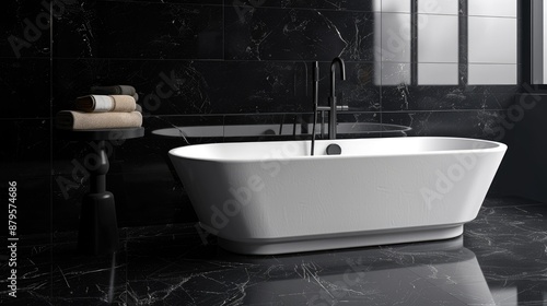A stylish bathroom with a black marble floor, a white freestanding tub, and matte black fixtures