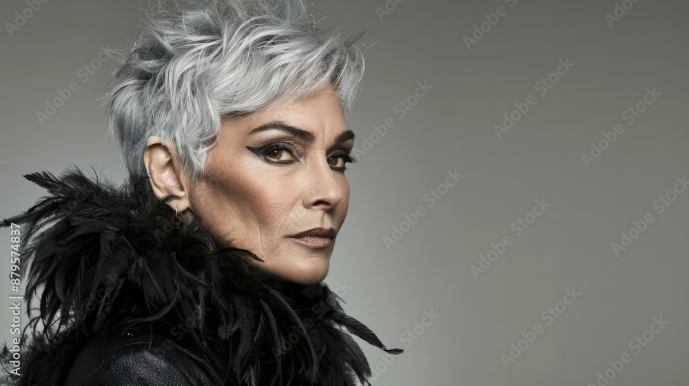 Silver-haired woman in bold makeup wears black feather boa, glancing back Silver-haired woman in bold makeup wears black feather boa, glancing back