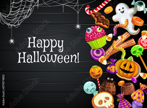 Obraz na plátně Cartoon Halloween holiday sweets and candies on black wooden board