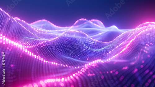 abstract futuristic background with purple glowing neon wave lines and shiny dots	 photo