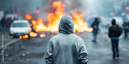 Protesters in Mulhouse with hooded man and burning cars in background. Concept Protests, Crisis, Mulhouse, Unrest, Demonstration