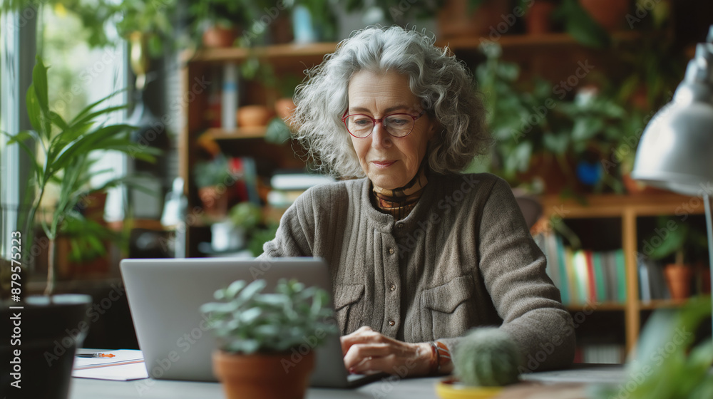 senior woman working on laptop at home surrounded by plants and books senior woman working on laptop at home surrounded by plants and books