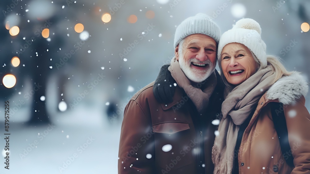 A happy elderly couple bundled up in winter clothing, smiling and enjoying a snowy day outdoors. Ideal for themes of love, aging, and wintertime, highlighting warmth, joy, and companionship. A happy elderly couple bundled up in winter clothing, smiling and enjoying a snowy day outdoors. Ideal for themes of love, aging, and wintertime, highlighting warmth, joy, and companionship.
