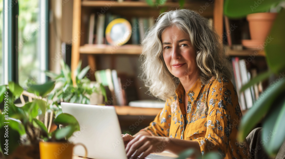 Senior Caucasian woman working on laptop at home, active retirement lifestyle, copy space Senior Caucasian woman working on laptop at home, active retirement lifestyle, copy space