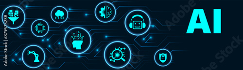 Ai technology, Artificial Intelligence. Artificial intelligence icon set. Containing machine learning, data science, AI, virtual assistant, generative AI, technology, Turing test and more.
