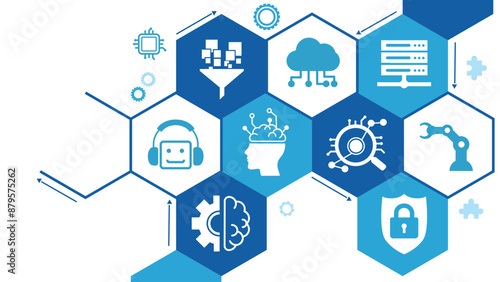 Ai technology, Artificial Intelligence. Artificial intelligence icon set. Containing machine learning, data science, AI, virtual assistant, generative AI, technology, Turing test and more.