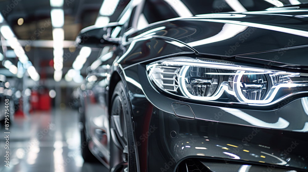 A freshly detailed car gleams under the light, showcasing its immaculate shine and the protective ceramic coating A freshly detailed car gleams under the light, showcasing its immaculate shine and the protective ceramic coating