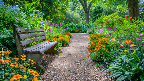 Fototapeta Naklejka Na Ścianę i Meble -  Tranquil Garden Oasis with Bench Surrounded by Blooming Flowers and Tall Trees