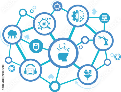 Ai technology, Artificial Intelligence. Artificial intelligence icon set. Containing machine learning, data science, AI, virtual assistant, generative AI, technology, Turing test and more.