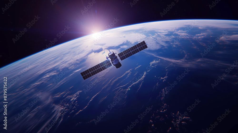 Satellite orbiting Earth with visible continents under the sunlight. Satellite orbiting Earth with visible continents under the sunlight.