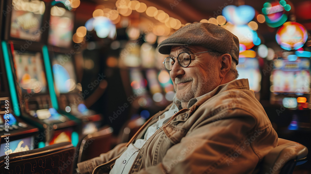 A middle-aged man in a cap and glasses sits casually amid a lively casino, surrounded by rows of buzzing slot machines A middle-aged man in a cap and glasses sits casually amid a lively casino, surrounded by rows of buzzing slot machines