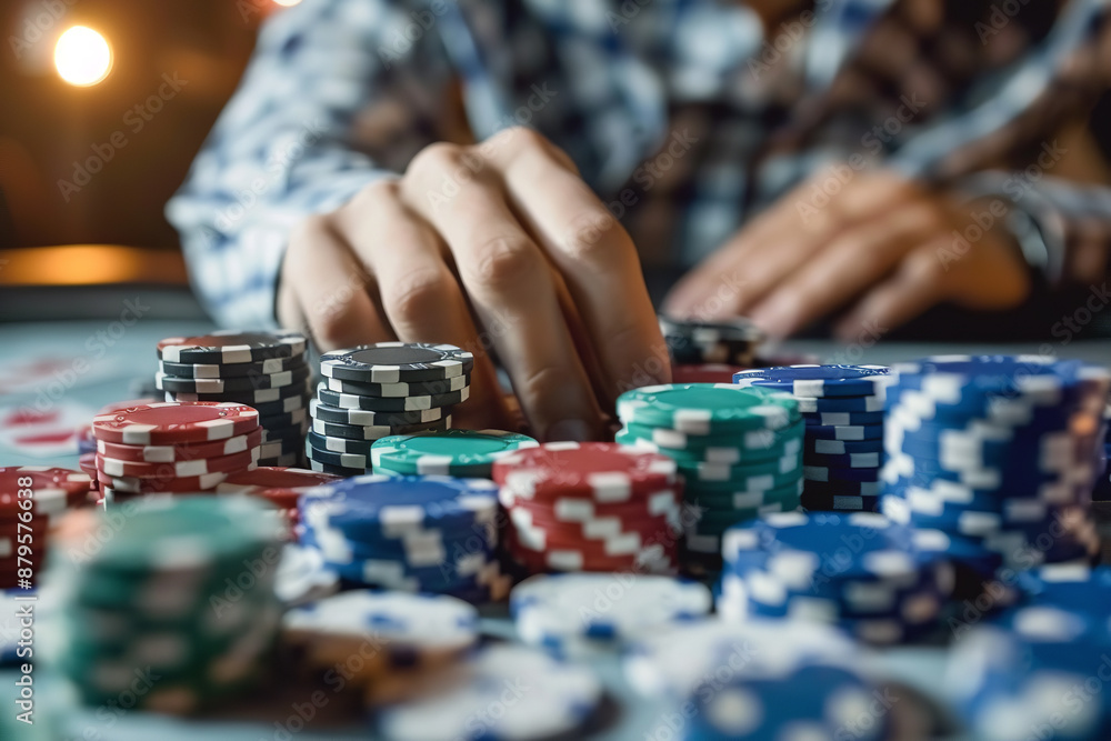 A person engages in a spirited poker game at a casino table, surrounded by stacks of chips and scattered cards A person engages in a spirited poker game at a casino table, surrounded by stacks of chips and scattered cards