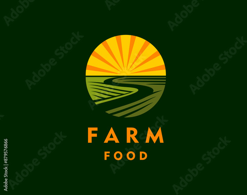 Agriculture rural farm field icon with natural landscape. Isolated vector round badge for healthy natural products. Sun shining above lush green meadow. Ripe crop and harvest on ranch, bread produce