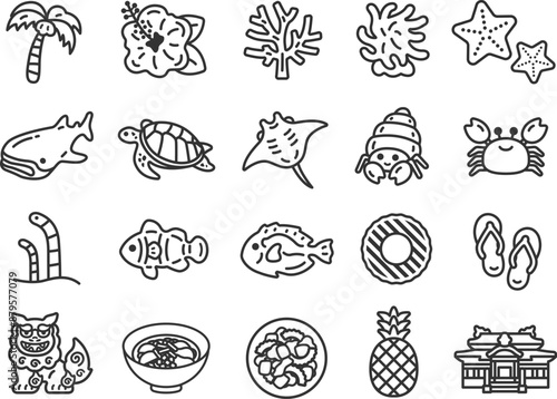 いろいろな沖縄のアイコン（線画）のイラスト