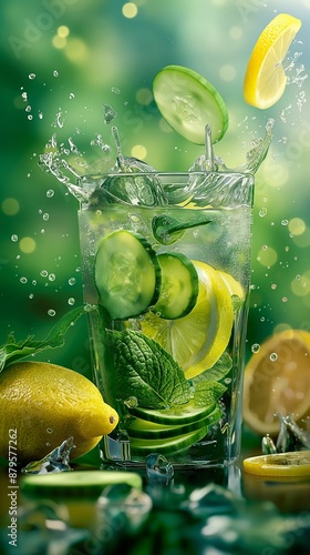 Refreshing mojito drink with Lemon slices ice cubes