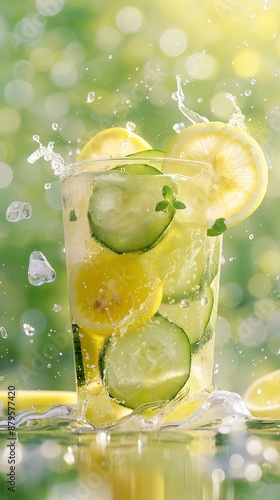 Refreshing mojito drink with Lemon slices ice cubes