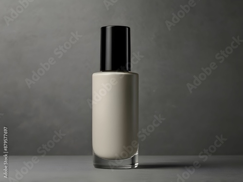 A sleek, label free cosmetic bottle with a matte finish, featuring a simple black cap, placed on a clean, minimalistic background