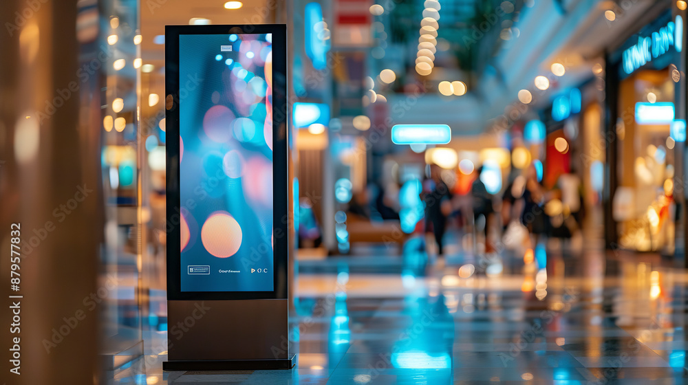 A vertical out-of-home (OOH) poster display stands prominently in a retail environment, showcasing a digital screen for advertising