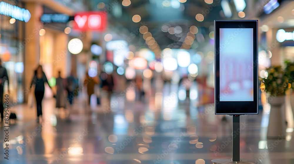 A vertical out-of-home (OOH) poster display stands prominently in a retail environment, showcasing a digital screen for advertising