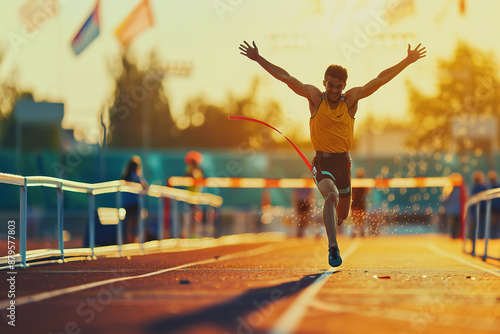 A triumphant hurdler crosses the finish line, arms raised in victory