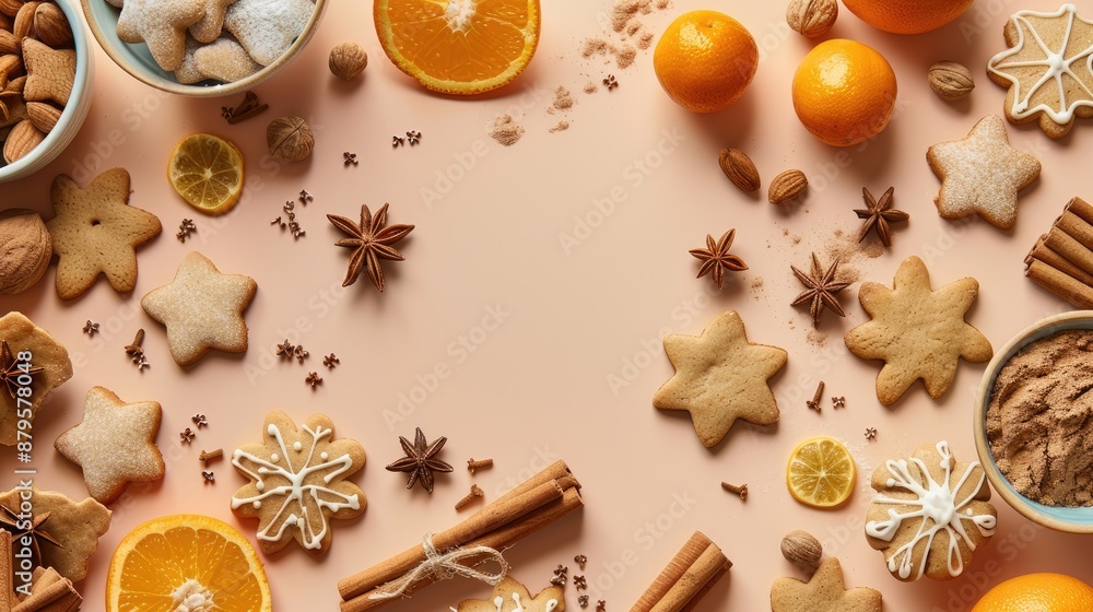 Cooking festive cookies with gingerbread spices on a peach backdrop Includes cinnamon nuts and oranges Cooking festive cookies with gingerbread spices on a peach backdrop Includes cinnamon nuts and oranges