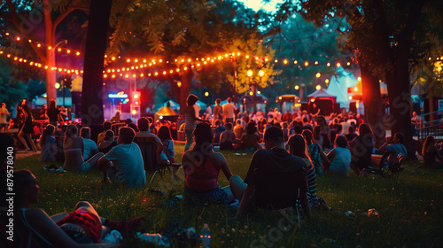 Fototapeta Naklejka Na Ścianę i Meble -  A vibrant scene unfolds as people gather outdoors in a park, enjoying a summer evening concert