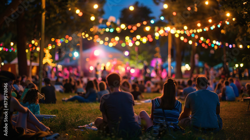 Obraz na płótnie A vibrant scene unfolds as people gather outdoors in a park, enjoying a summer evening concert w salonie