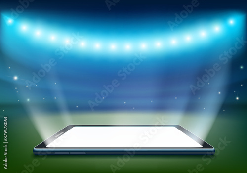 Smartphone with white screen on the background of football stadium. Stock vector illustration