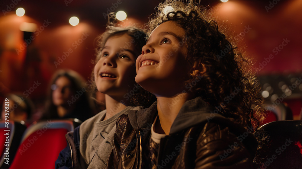 A woman and a child sit together in a dimly lit theater, their faces illuminated by the stage lights as they watch a performance A woman and a child sit together in a dimly lit theater, their faces illuminated by the stage lights as they watch a performance