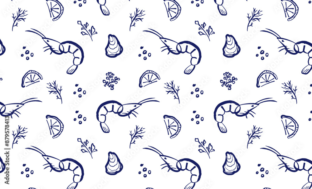 Obraz premium Shrimp hand drawn seamless pattern. Seafood naive art. Shrimp with lemon and herbs. Ocean and sea delicacy.&nbsp;Blue outline illustration. Mediterranean food.