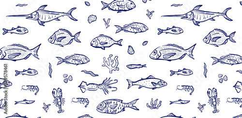 Ocean life pattern. Fish, lobster, shrimp and squid hand drawn illustration. Blue seafood elements. Design for branding, restaurant and menu. Ocean and sea delicacy. 