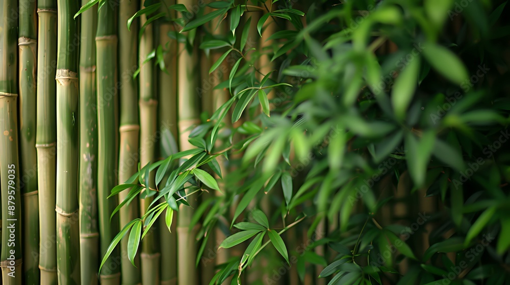 Obraz premium Close-up of lush green bamboo leaves, perfect for themes of nature, tranquility, and Asian-inspired design.
