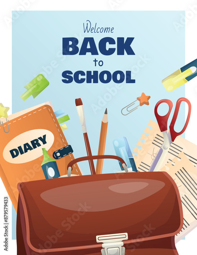 back to school poster. flyer for events, inscription on the background of school items, briefcase, diary, pencil, marker, brush, sheets of paper, textbooks, scissors, office