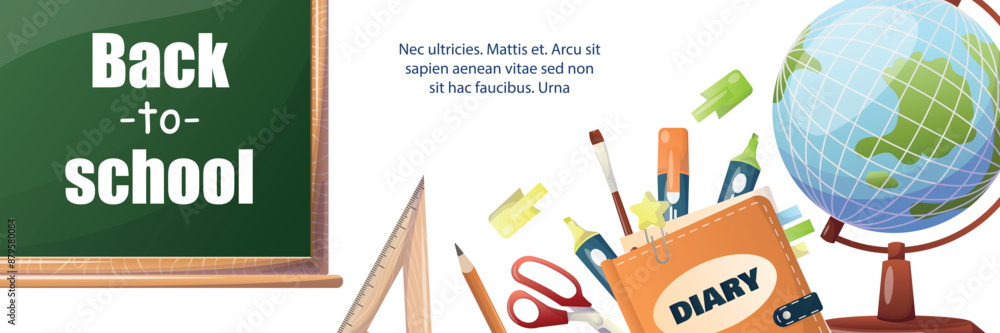 Back to school banner. flyer for events, inscription on the background of school items, diary, pencil, marker, brush, sheets of paper, textbooks, scissors, office, globe, board Back to school banner. flyer for events, inscription on the background of school items, diary, pencil, marker, brush, sheets of paper, textbooks, scissors, office, globe, board