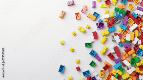 White background with scattered colorful Lego bricks, providing space for text and showcasing variety in shapes and sizes.
