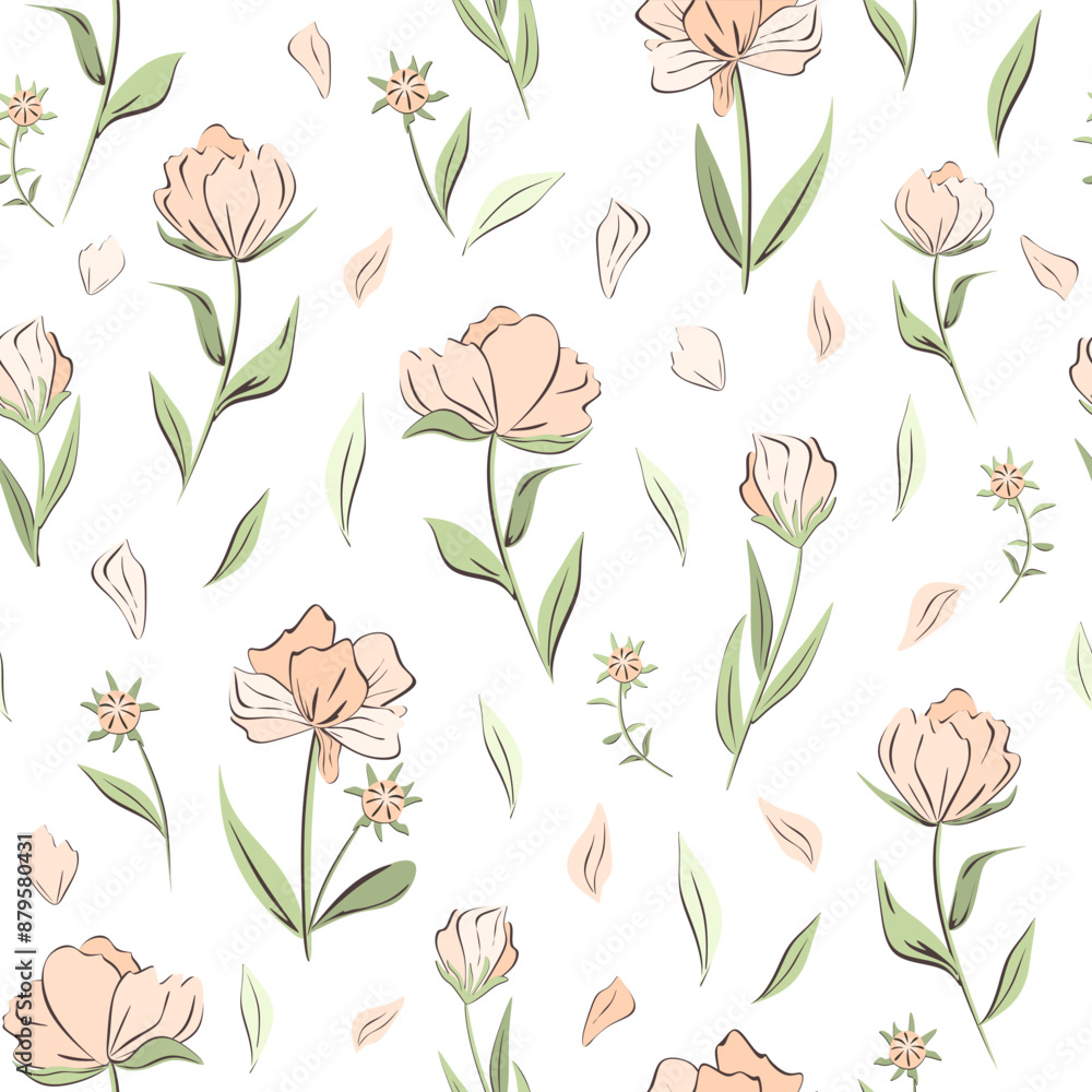 Vector illustration. Seamless pattern of delicate pink flowers on a white background, blooming flowers. Fabric sublimation, Fabric design, wallpaper Vector illustration. Seamless pattern of delicate pink flowers on a white background, blooming flowers. Fabric sublimation, Fabric design, wallpaper