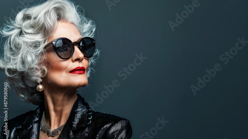 A woman with silver hair, red lipstick, and sunglasses looks confidently to the side © Leli