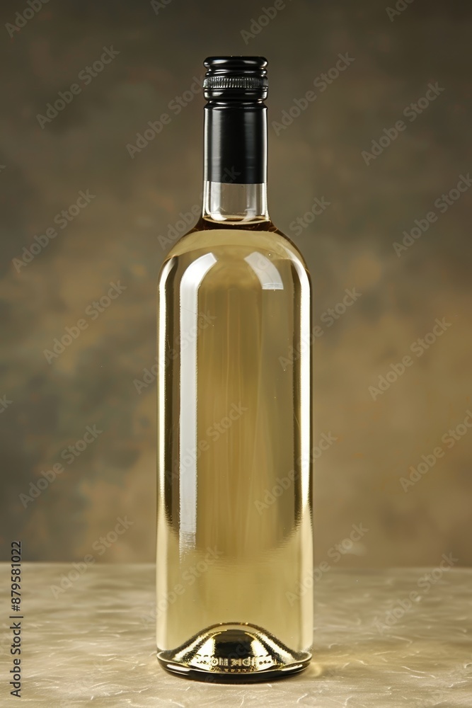 A bottle of zero alcohol white wine with a black screw cap against a neutral background A bottle of zero alcohol white wine with a black screw cap against a neutral background