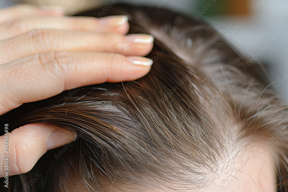 Fototapeta premium In a close-up shot, a person gently touches their thinning hairline, highlighting concerns about hair loss or a receding hairline